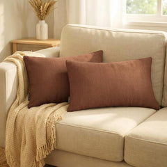 Set of 2 Dark Beige Linen Throw / Lumbar Cushion Cover - Dark Beige Linen