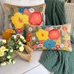 Sunburst Blooms - Beige Velvet Throw Cushion Cover