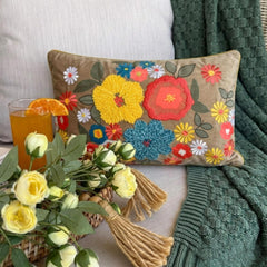 Floral Fiesta - Beige Velvet Lumbar Pillow Cover