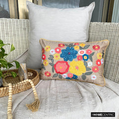 Floral Fiesta - Beige Velvet Lumbar Pillow Cover