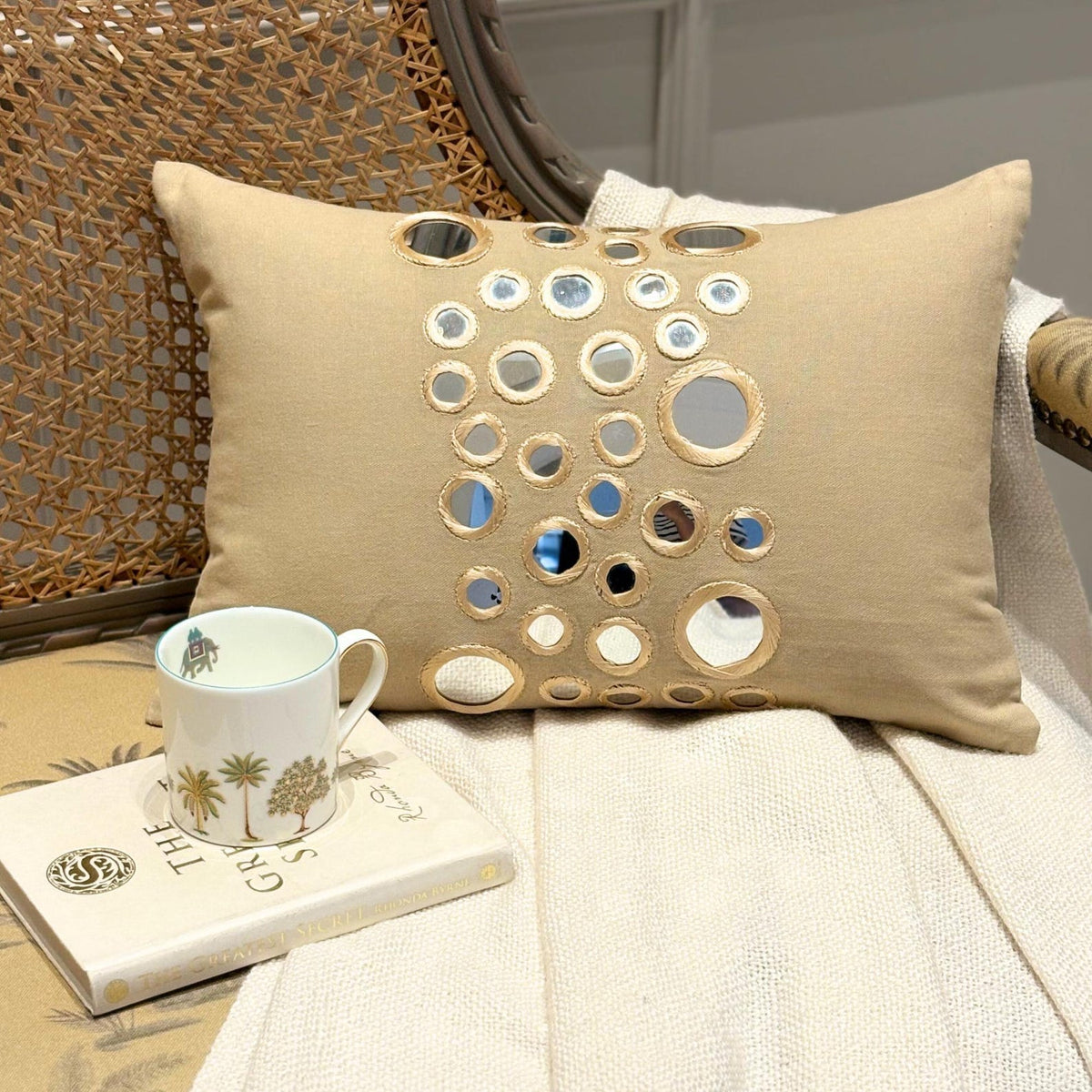 Mirror Light - Cotton Canvas Beige Decorative Lumbar Pillow Cover