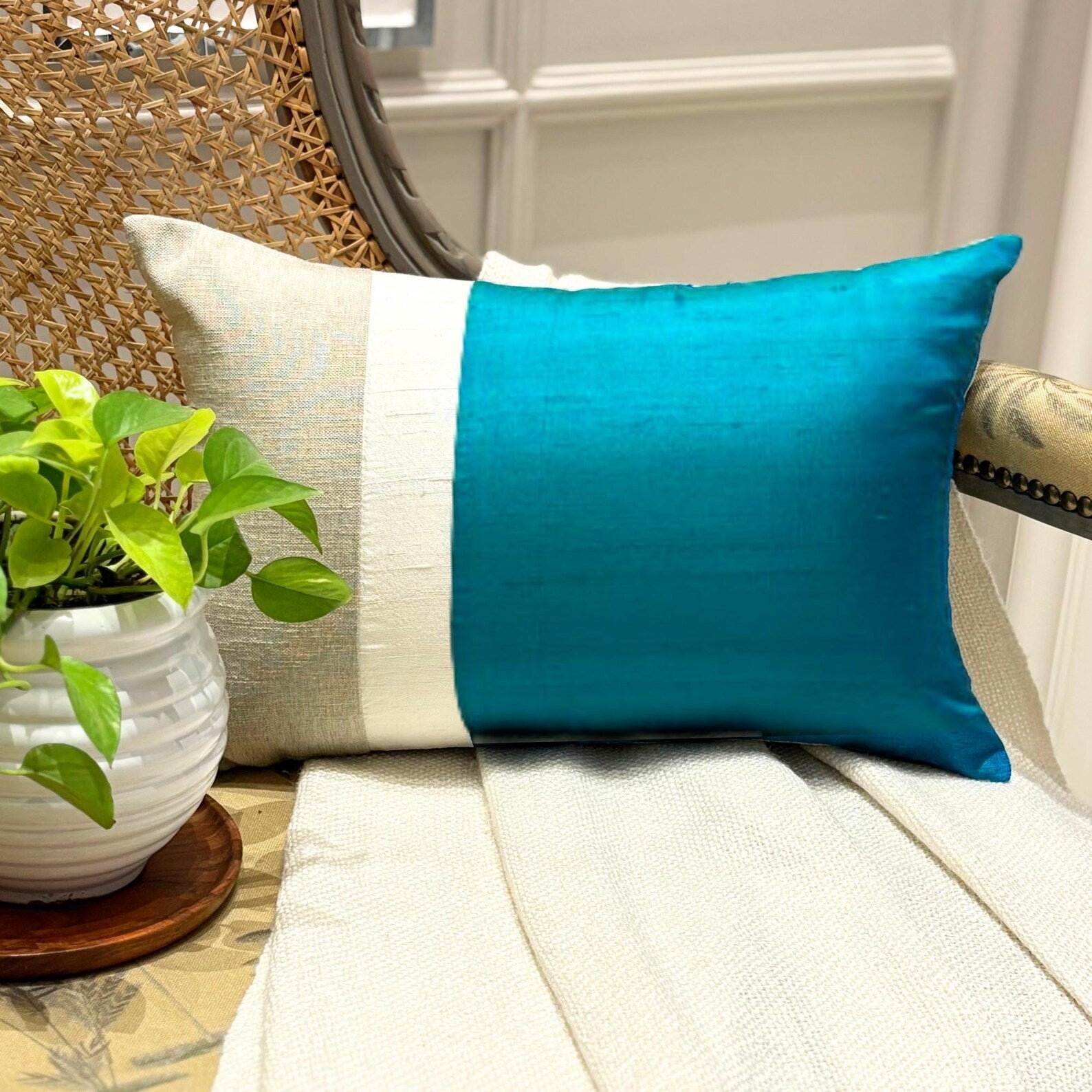 Turquoise Silk Essence Lumbar Cushion Cover