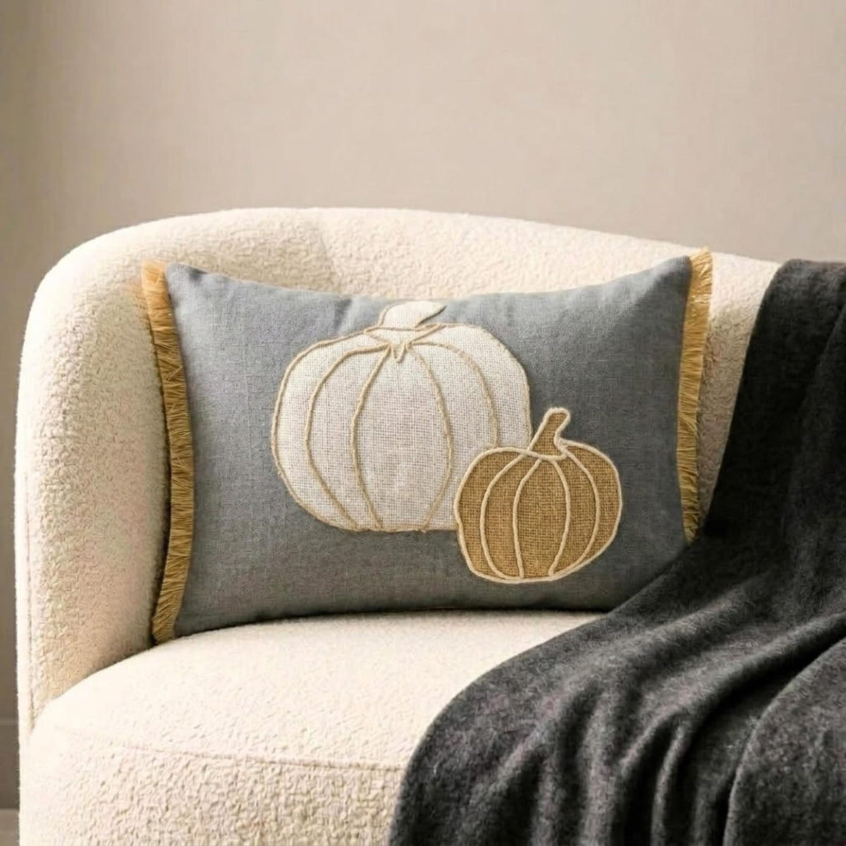Gray Linen Decorative Lumbar  Cushion Cover - Pumpkin Burlap