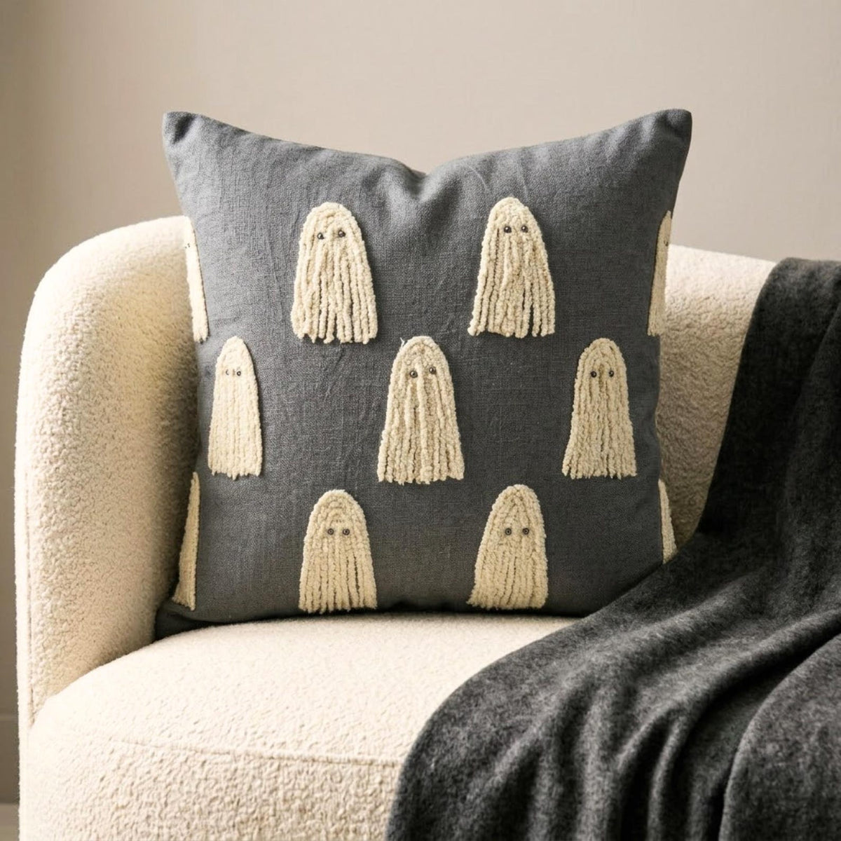 Ghostly Haunt - Gray Linen Spooky Decorative Throw Cushion Cover