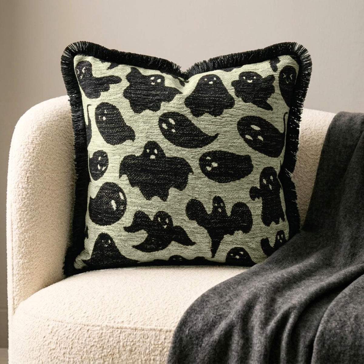 Spooky Ghost - Black Jacquard Spooky Decorative Throw Cushion Cover