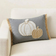 Gray Linen Decorative Lumbar  Cushion Cover - Pumpkin Burlap