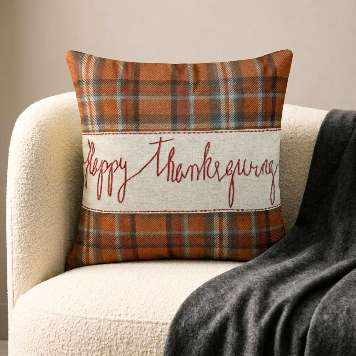 Thankful Harvest - Orange Velvet Happy Thanksgiving Throw Cushion Cover