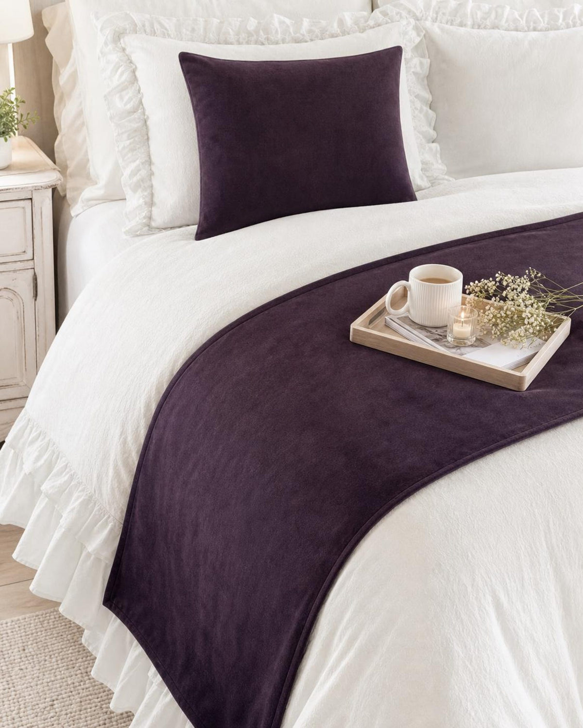 Plum Velvet Decorative Bed Runner and Cushion Cover
