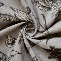 Vintage Botanical Floral Print Sketch Flowers on Neutral Black Cotton Linen Fabric by the Metre