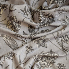 Vintage Botanical Floral Print Sketch Flowers on Neutral Black Cotton Linen Fabric by the Metre