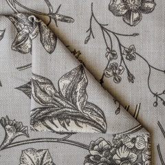 Vintage Botanical Floral Print Sketch Flowers on Neutral Black Cotton Linen Fabric by the Metre