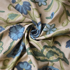 Botanical Vine Blue Floral Crewel Embroidery Beige base, Blue & Green Cotton Linen Fabric by the Metre