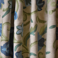 Botanical Vine Blue Floral Crewel Embroidery Beige base, Blue & Green Cotton Linen Fabric by the Metre