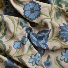 Botanical Vine Blue Floral Crewel Embroidery Beige base, Blue & Green Cotton Linen Fabric by the Metre