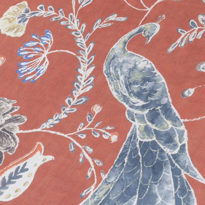 Lovely Peacocks Printed Cotton Fabric By The Metre, Rust Orange Printed Cotton Fabric