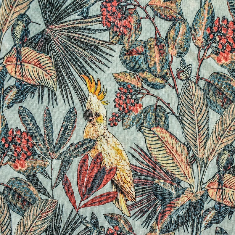 Cockatoo Love Sea Green, Red & Blue Cotton Spun Printed Fabric By The Metre