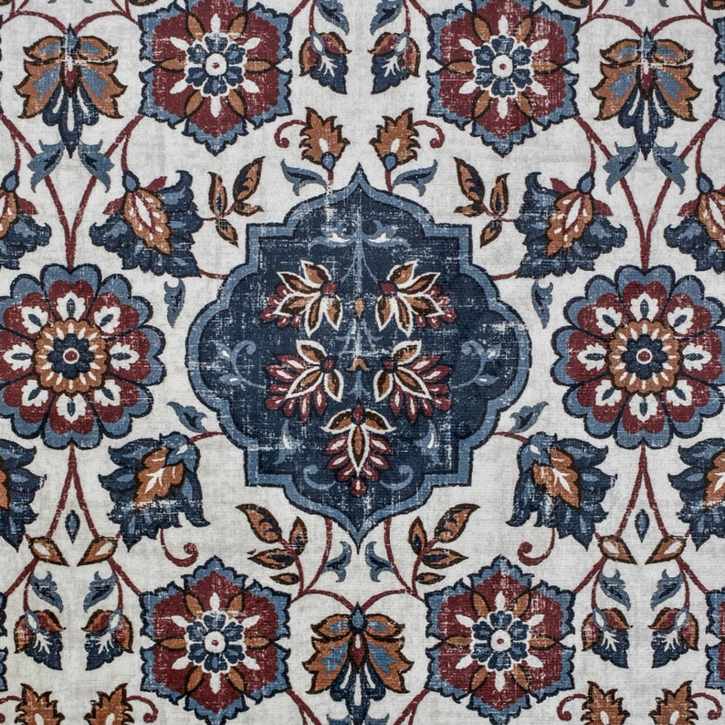 Blue, Brown & Off White Printed Velvet Fabric by the Metre, 1 Metre Velvet Fabric