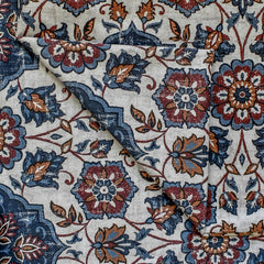 Blue, Brown & Off White Printed Velvet Fabric by the Metre, 1 Metre Velvet Fabric