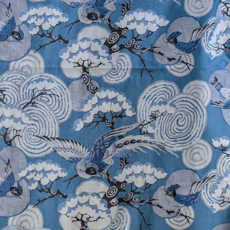 Blue, White, Gray Printed Cotton Fabric by the Metre, 1 Metre Blue Cotton Fabric