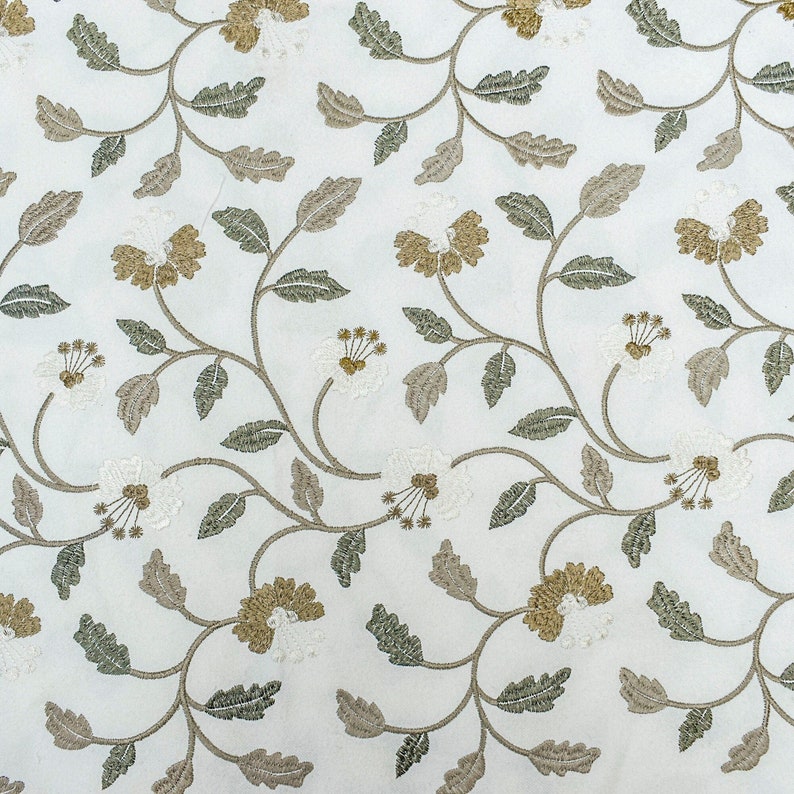 Ivory, Mustard Cotton with Embroidery Fabric by the Metre, 1 Metre Ivory Fabric