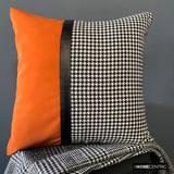 Dark Houndstooth - Orange & Black Jacquard & Faux Leather Decorative Throw Cushion Cover