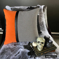 Dark Houndstooth - Orange & Black Jacquard & Faux Leather Decorative Throw Cushion Cover