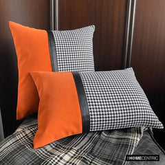Dark Houndstooth - Orange & Black Jacquard & Faux Leather Decorative Throw Cushion Cover