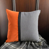 Dark Houndstooth - Orange & Black Jacquard & Faux Leather Decorative Throw Cushion Cover