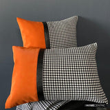Dark Houndstooth - Orange & Black Jacquard & Faux Leather Decorative Throw Cushion Cover