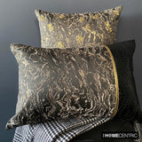 Portoro - Black Faux Leather & Jacquard Silk Decorative Lumbar  Cushion Cover