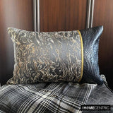 Portoro - Black Faux Leather & Jacquard Silk Decorative Lumbar  Cushion Cover