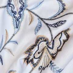 Dark Blue, Light Blue Cotton with Embroidery Fabric by the Metre, Blue Cotton Fabric