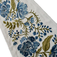 Blue Meadow Vine Floral Embroidered Border by the Metre, Botanical Embroidery Trim for Curtains, 5.50 Inches (139 mm)