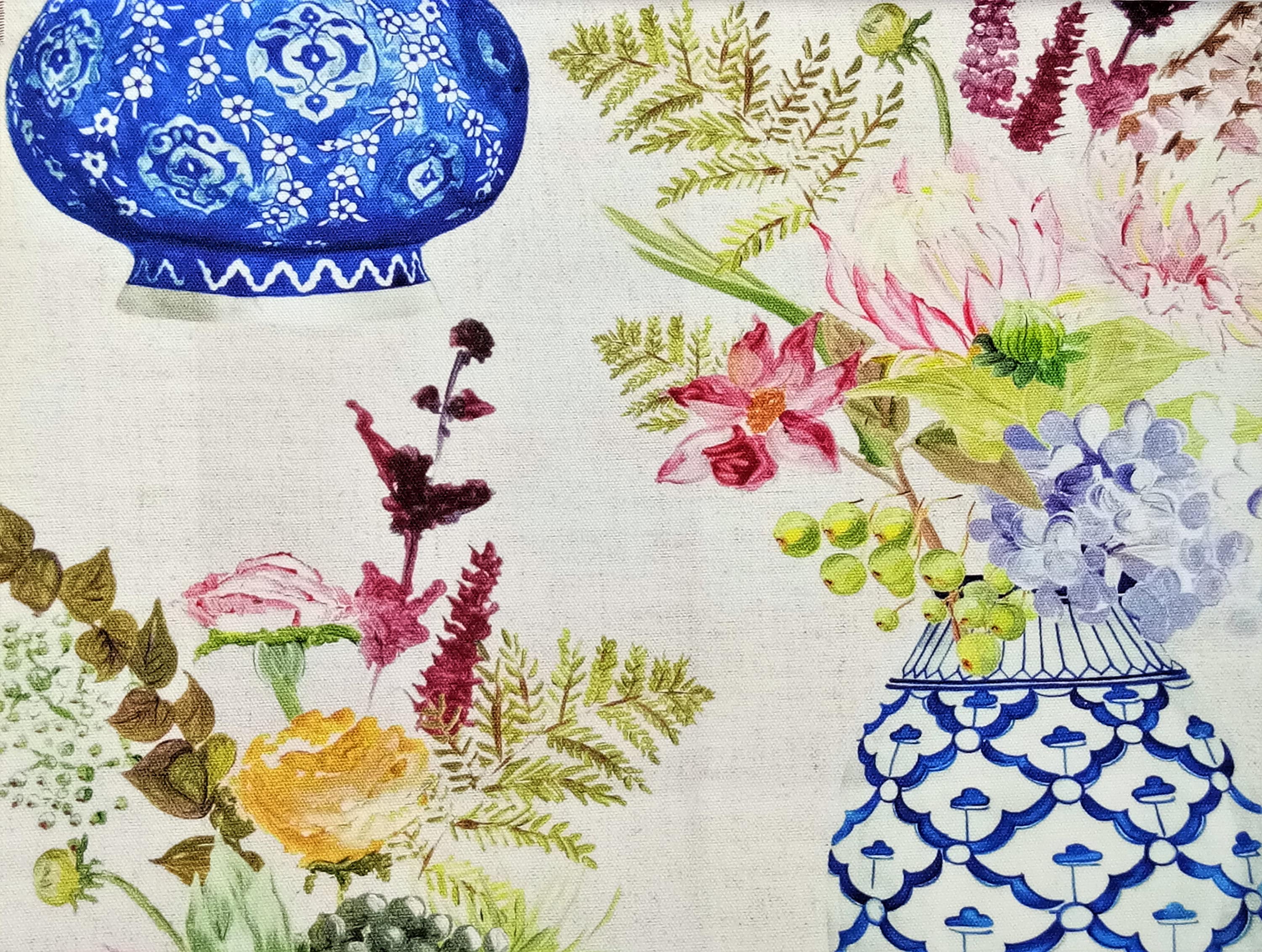 Cobalt Blue Flower Vase Cotton Fabric By The Metre