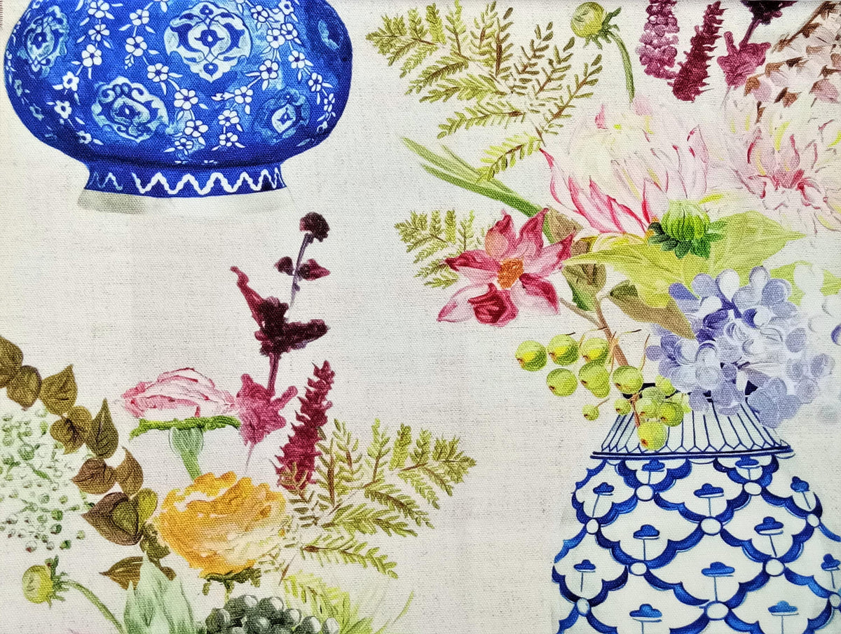 Cobalt Blue Flower Vase Cotton Fabric By The Metre