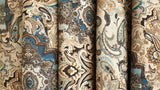 Beige, Blue Arabian Love Damask Print Velvet Curtain Panels