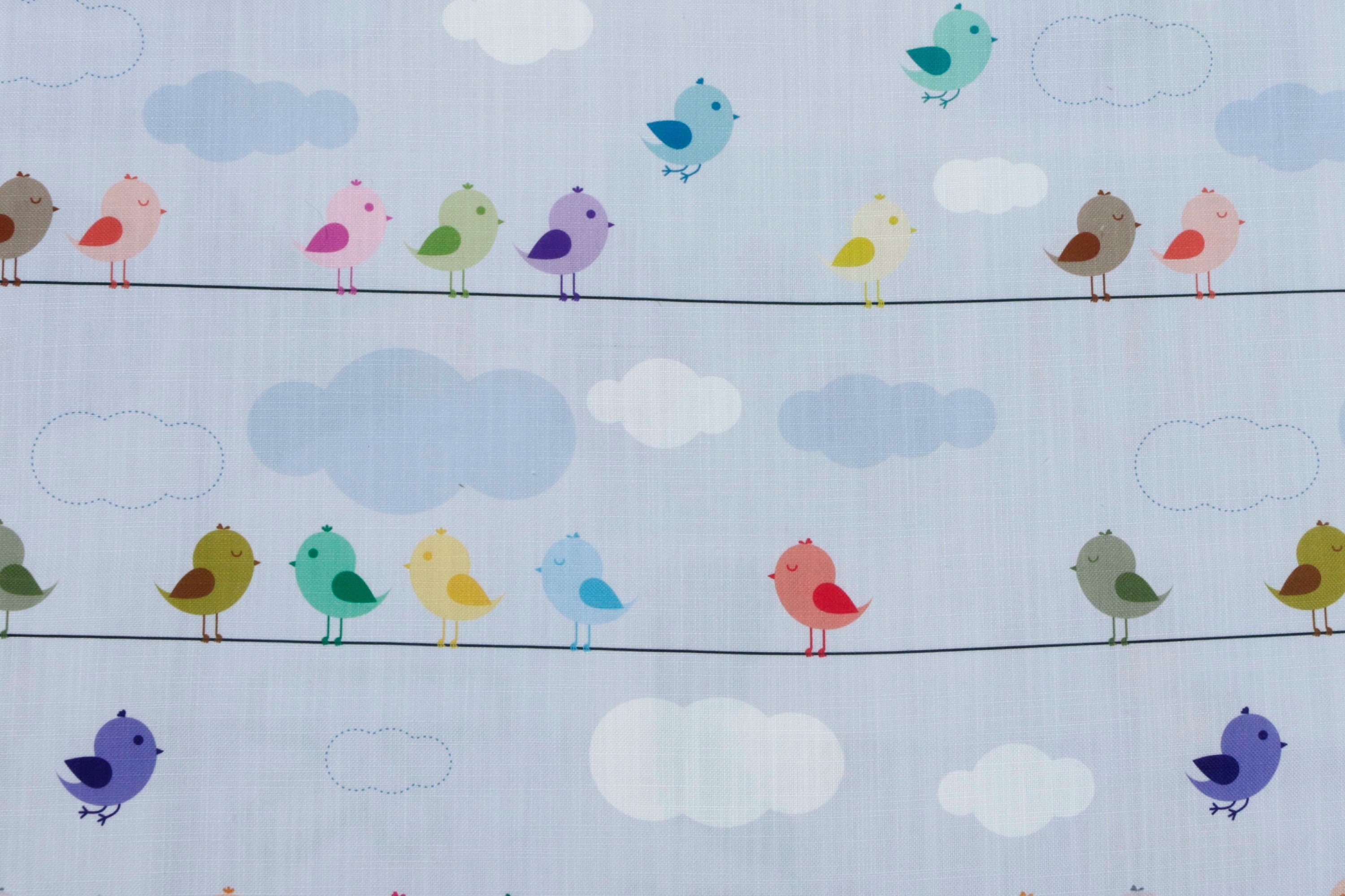 Light Blue Cute Birds Kids Printed Cotton Curtain Panels