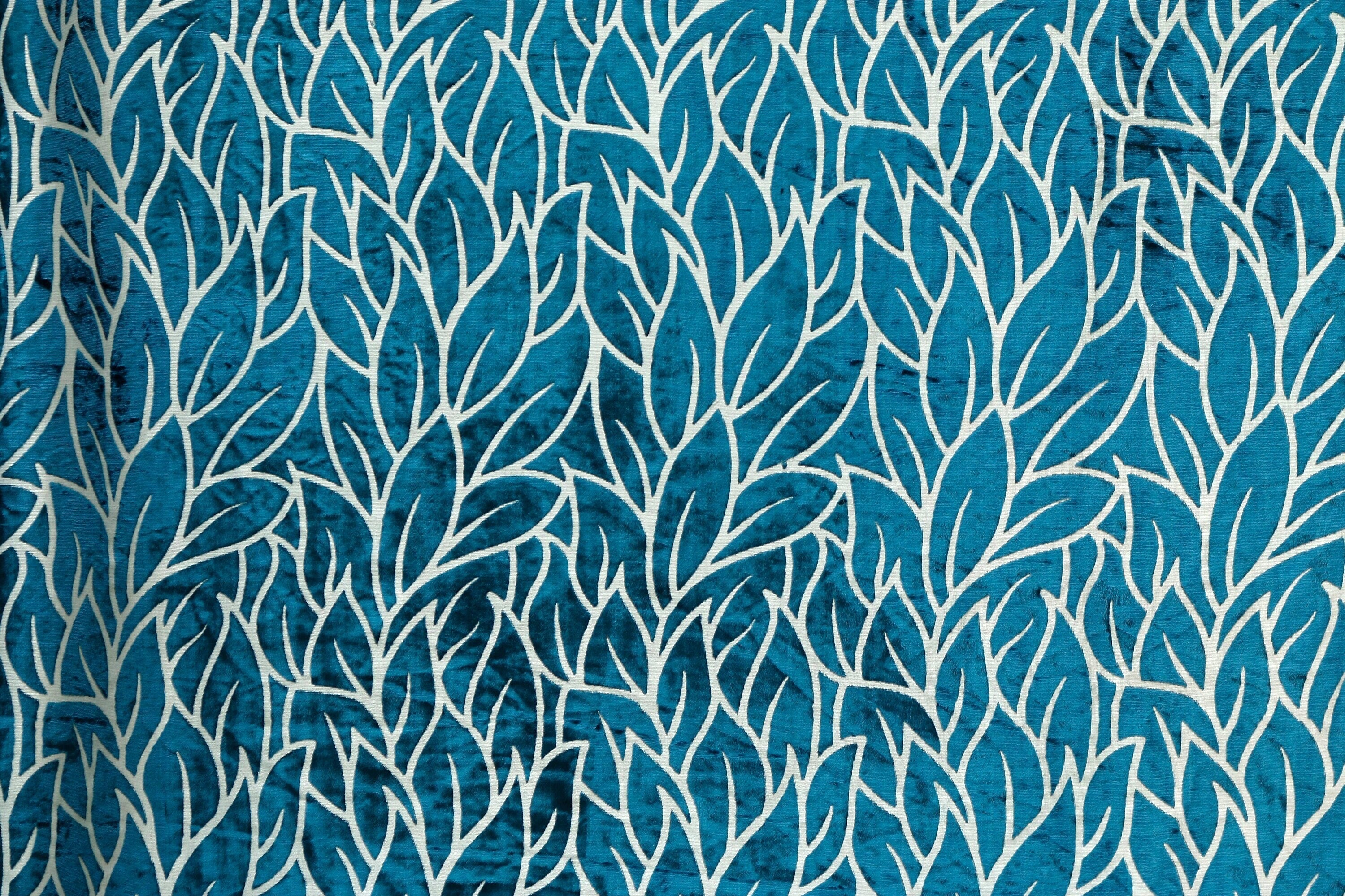 Teal Blue Leaves Velvet Fabric By The Metre