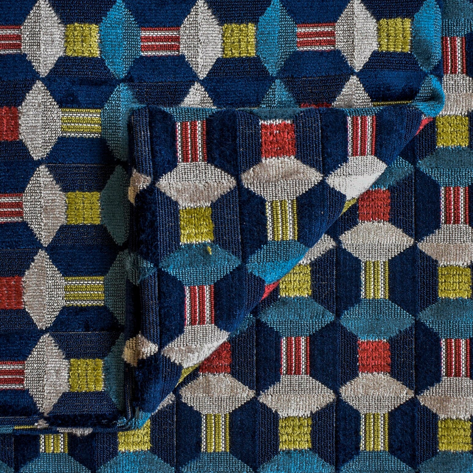 Navy Blue Color Pop Geometric Jacquard Velvet Curtain Panels