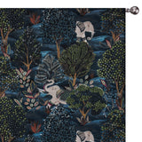 Elephant At Night Blue, Beige Printed Velvet Curtain Panels