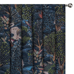 Elephant At Night Blue, Beige Printed Velvet Curtain Panels