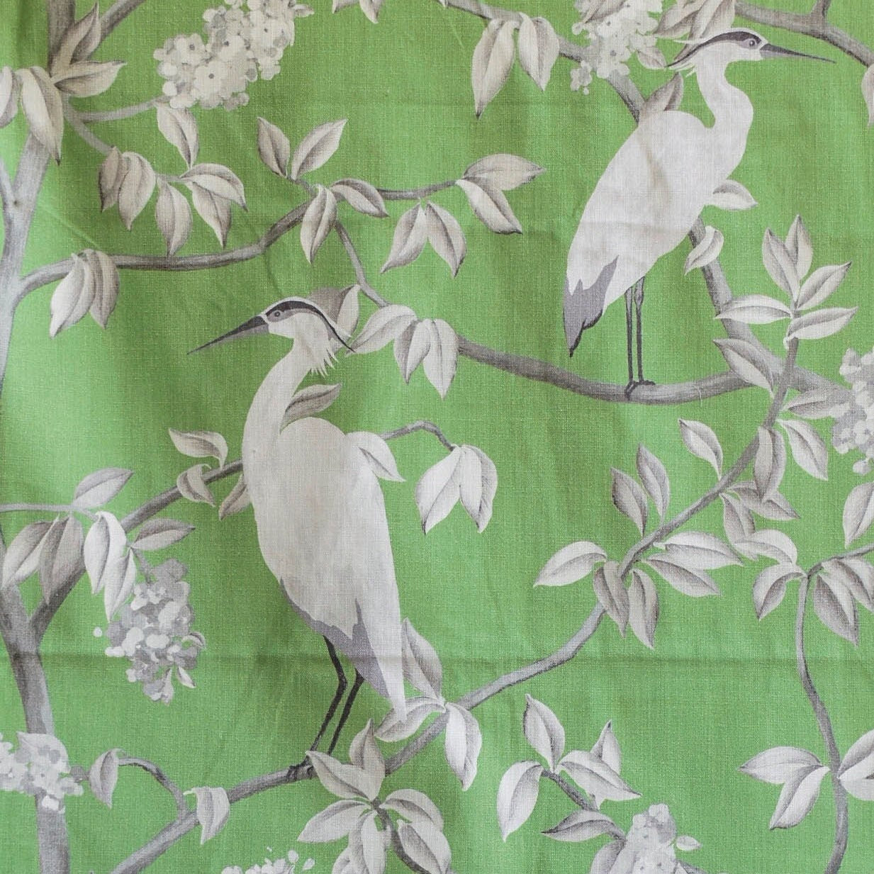 Green, White Heron N Daffodil Printed Cotton Curtain Panels