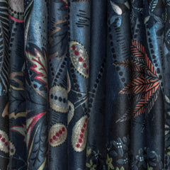 Elephant At Night Blue, Beige Printed Velvet Curtain Panels
