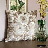 Snowy Blossoms - Beige Velvet Throw Cushion Cover