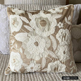 Snowy Blossoms - Beige Velvet Throw Cushion Cover