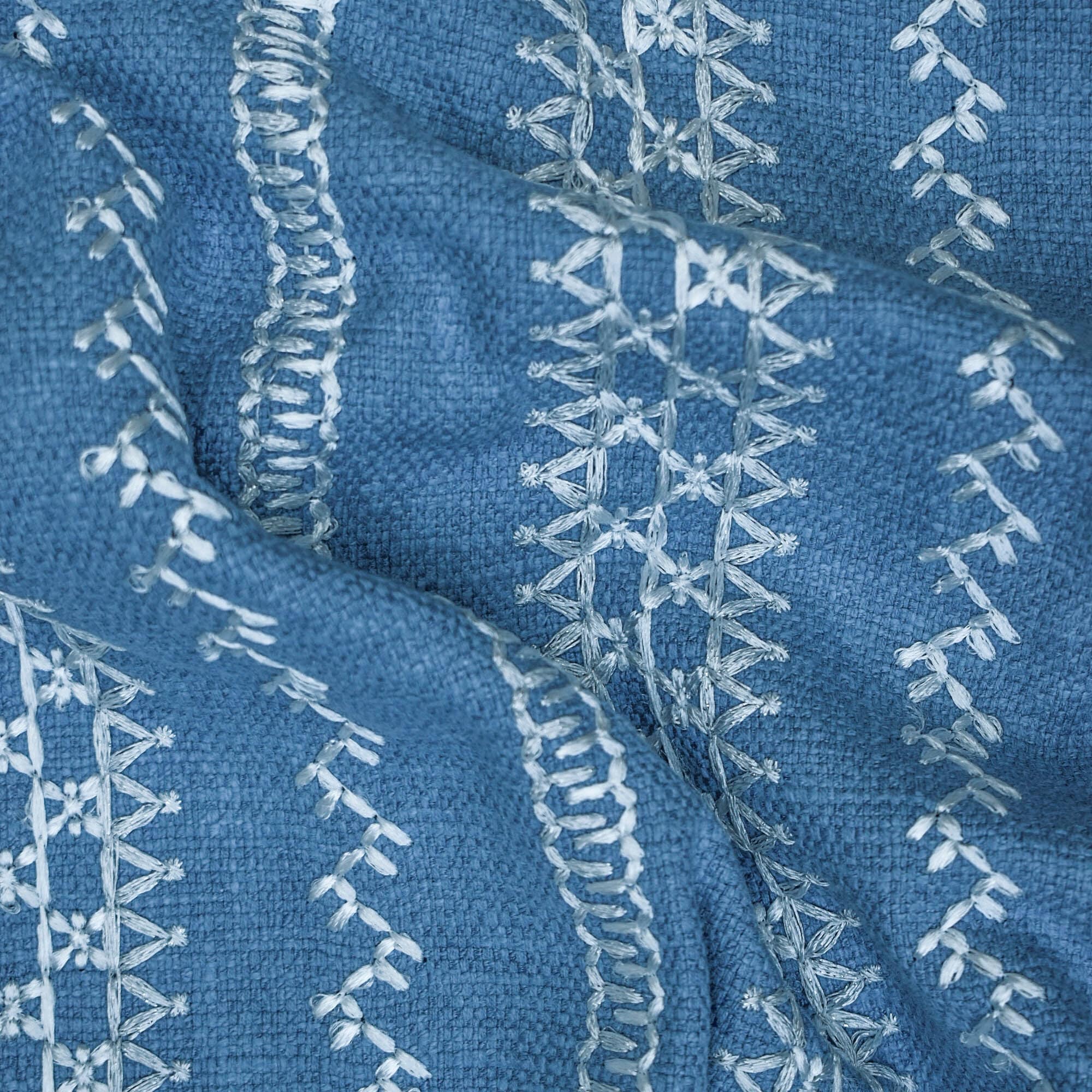 Light Blue, White Geometric Cotton Embroidery Curtain Panels
