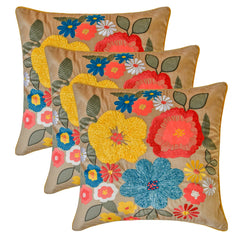 Sunburst Blooms - Beige Velvet Throw Cushion Cover
