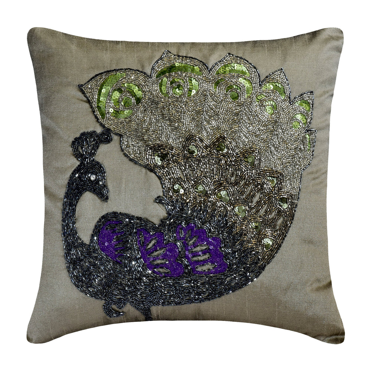 Silver Dancing Peacock - Silver Art Silk Decorative Euro Sham