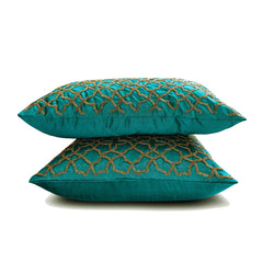 Teal Geometry - Teal Blue Art Silk Throw Pillow Cover