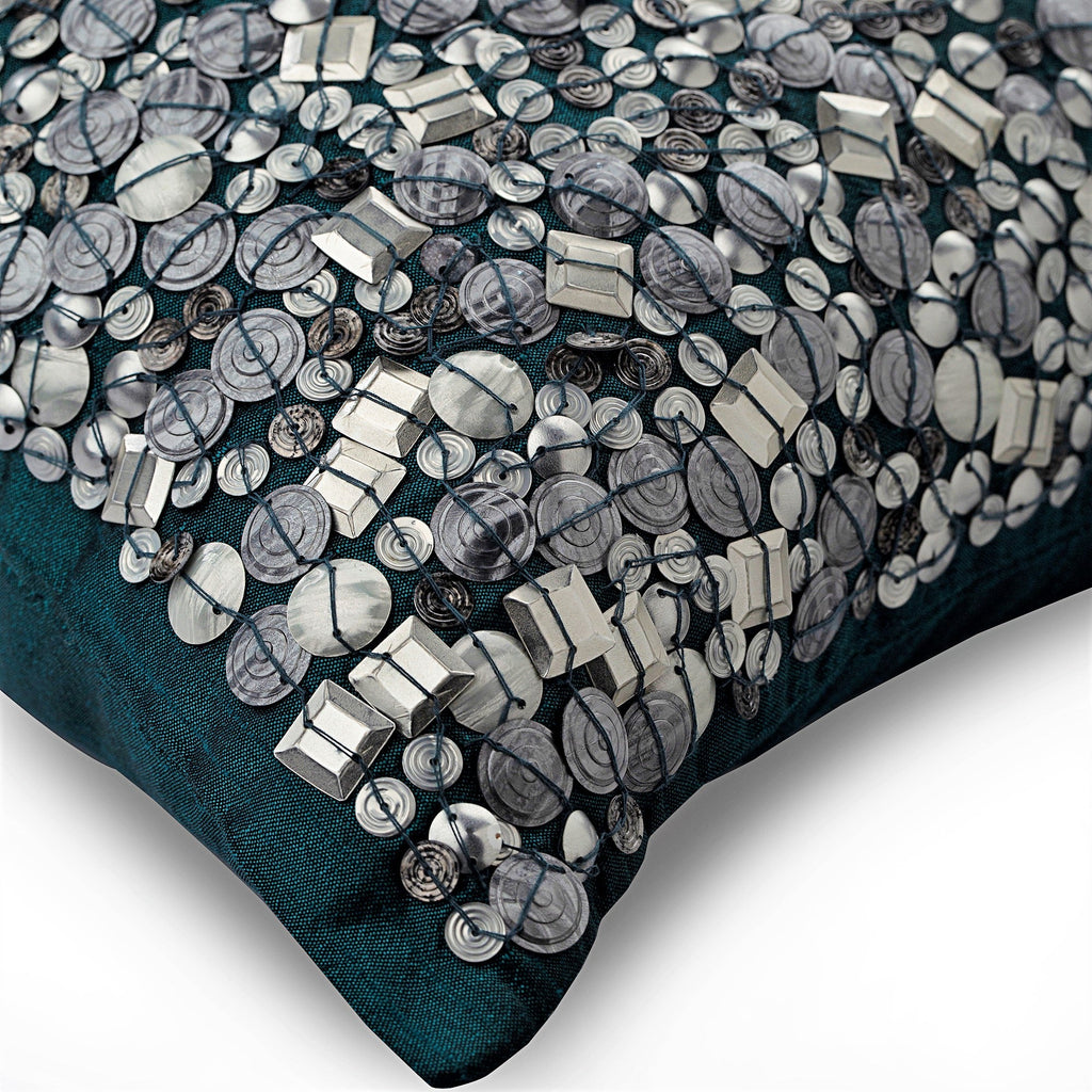 Antique Silver Treasure - Teal Blue Art Silk Throw Pillow Cover